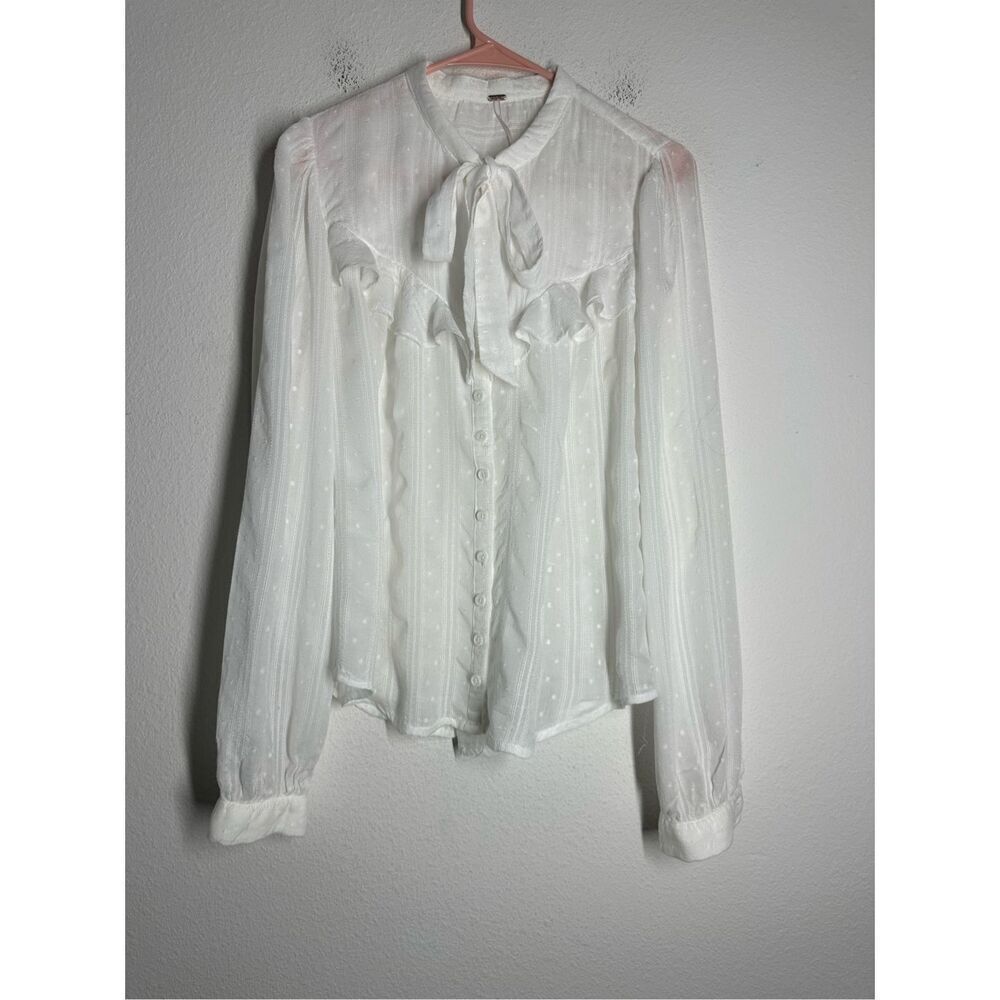Women’s White Tie-Neck Swiss Dot Blouse